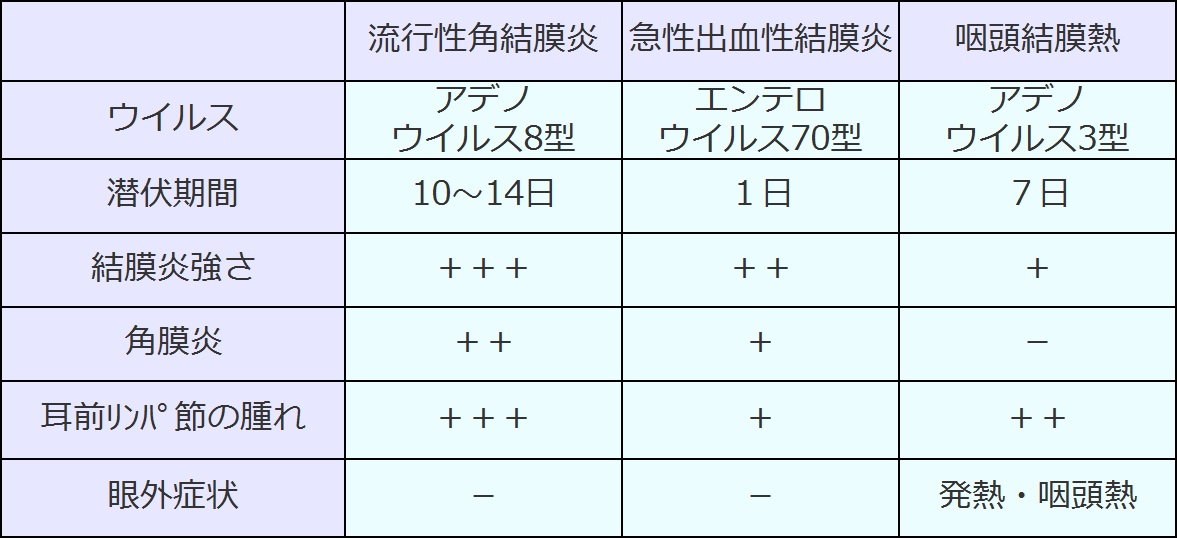 ウイルス性結膜炎の種類（図）